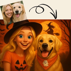 Retrato de mascota de dibujos animados de Halloween personalizado a partir de una foto, descarga digital divertida para amantes de los perros o los gatos, regalo de arte de dibujos animados de Navidad personalizado para mascotas.