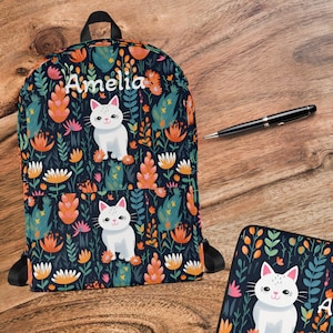 Sac à dos chat blanc pour fille, sac à dos personnalisé pour ados, ensemble de cartable personnalisé pour enfant, cadeau amoureux des chats pour son chat, maman et papa, cadeau pour lui