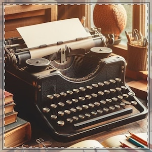 May include: A vintage black typewriter with a blank sheet of paper inserted. The typewriter has a classic design with round keys and a carriage return lever. A stack of books and pencils are visible in the background, suggesting a writing or reading theme.