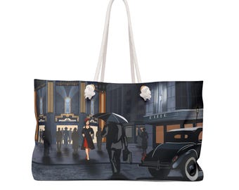 Vintage Regnerische Stadt Nacht Weekender Tasche | Retro 1940er Jahre Straßenszene