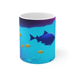 Under the Sea Dark Blue Fish 11oz Ceramic Mug digitally designed by DreamMachineGraphics
