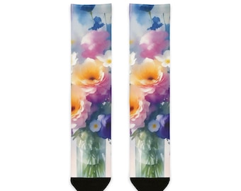 Floral Sublimation Crew Socken - Bunter Blumendruck, Botanischer Garten Geschenk, Schuhe für Pflanzenliebhaber, Natur inspirierte Accessoires, einzigartig