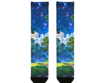 Unter den Sternen Sublimations Crew Socken, Galaxy Print Socken,Weltraum Thema Strümpfe,Nächtliche Himmel Crew Socken,Unterschwellige Universum Socken,