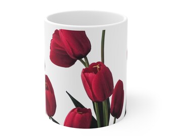 Rote Tulpe Blumenkunstwerk Tasse | Weiße Keramik Tasse