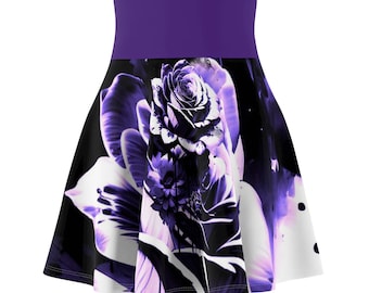 Lila Inked Rose Damen Skater-Rock, Blumendruck-Rock, fließender Minirock, stilvoller A-Linien-Rock, feminine Mode-Kleidung