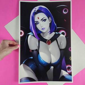 May include: A digital illustration of a woman with purple hair wearing a dark blue and black outfit. She has a red gem on her chest and is surrounded by glowing red eyes.