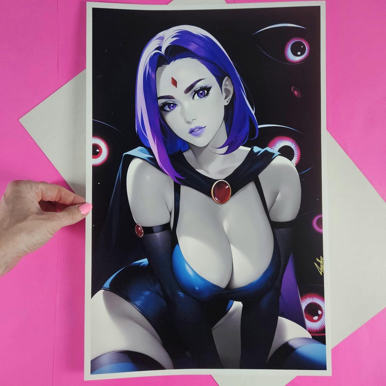 May include: A digital illustration of a woman with purple hair wearing a dark blue and black outfit. She has a red gem on her chest and is surrounded by glowing red eyes.