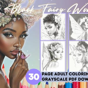 30 Page Coloring Book Beautiful Black Fairies, Grayscale Digital PDF Coloring Book, Instant PDF Download