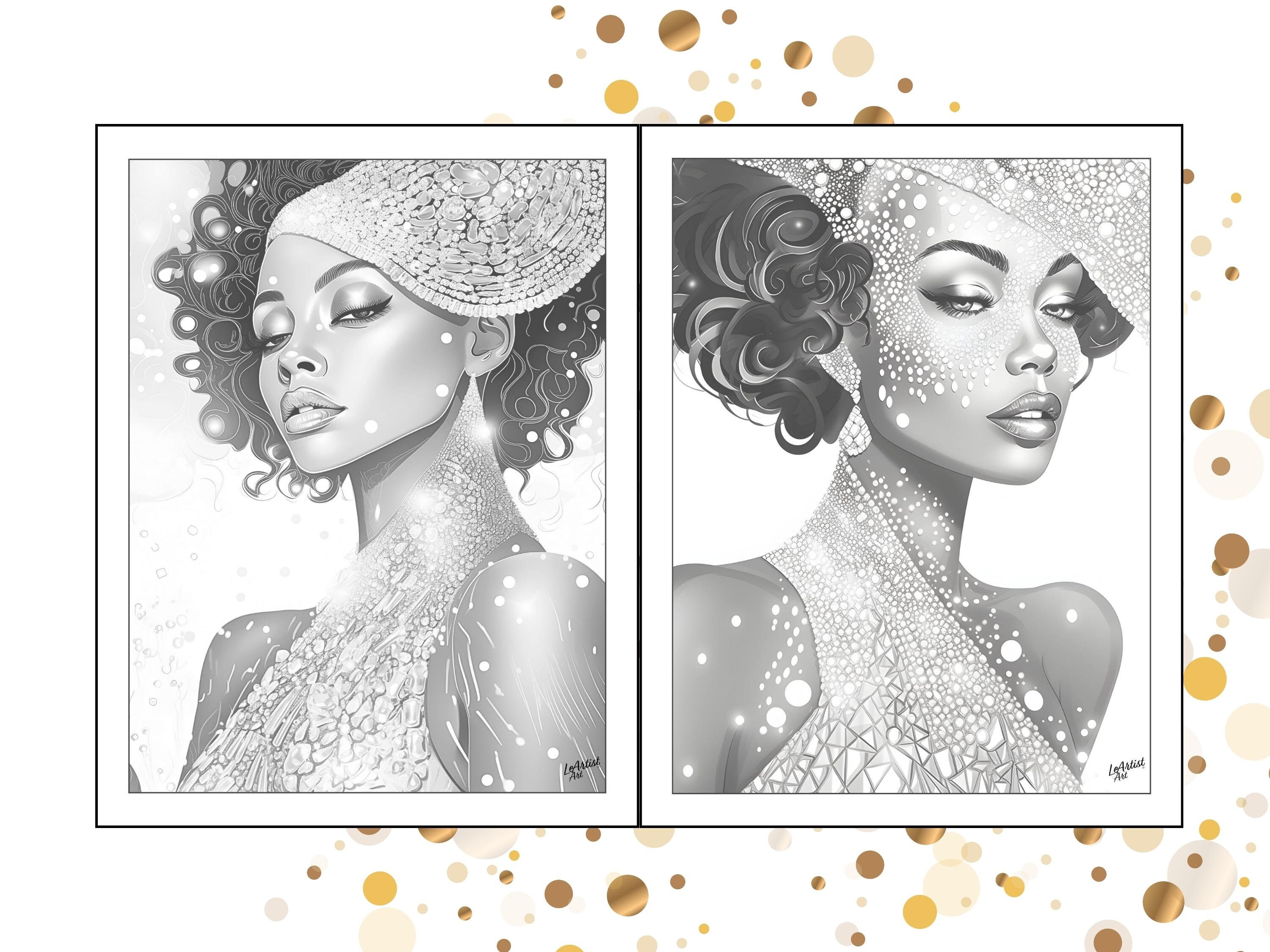30 Black Women Sequin Fashions Grayscale PDF Adult Coloring Book Pages ...