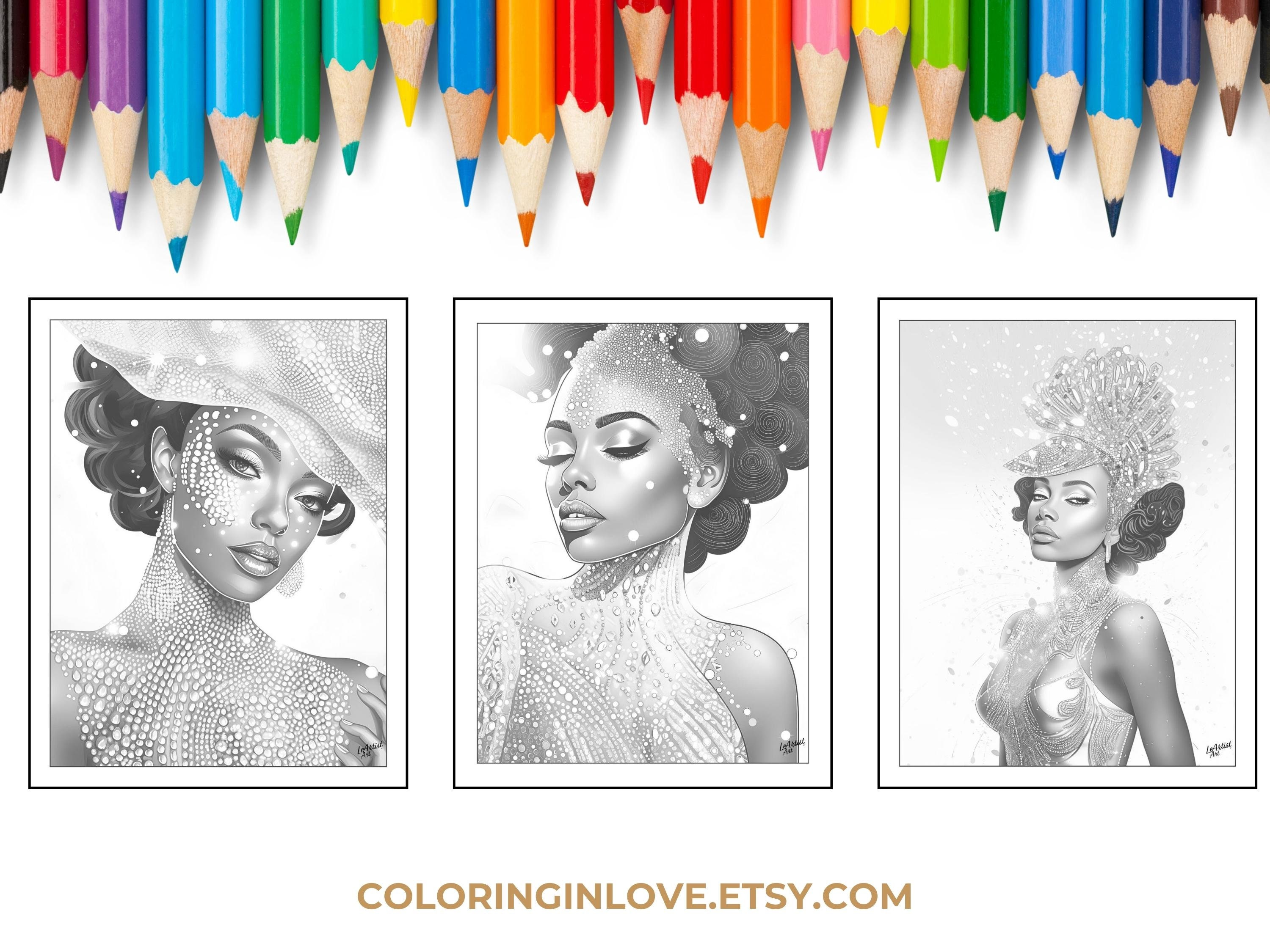 30 Black Women Sequin Fashions Grayscale PDF Adult Coloring Book Pages ...