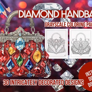 30 Decorative Diamond Handbags Digital Printable Grayscale Adult Book Coloring Pages: Fashionable Handbags and Purses for Coloring Fun