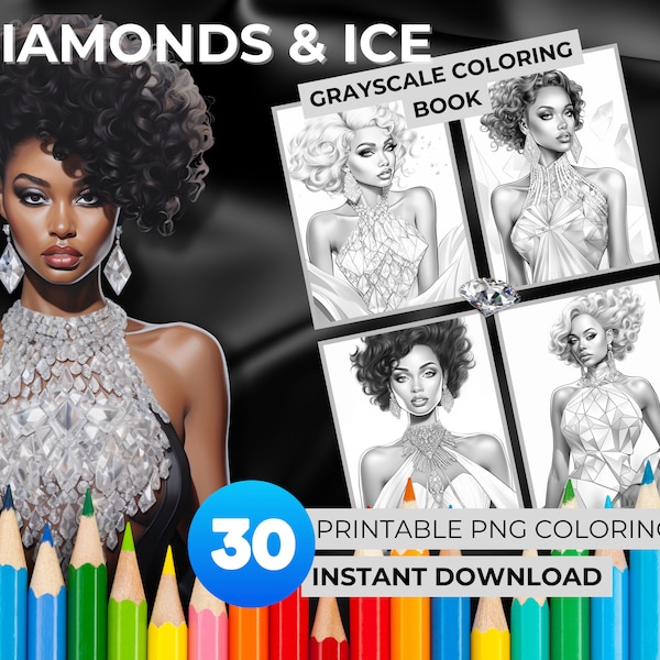 Black Women in Diamond Jewelry and Dresses 30 Digital Printable Grayscale Adult Coloring Book Pages of Black Women Fashion Coloring Book