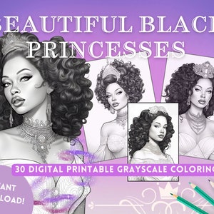 Black Princess Coloring Book, 30 Adult Coloring Pages of Black Women as Princesses, Instant Download, Grayscale Illustration Coloring Book