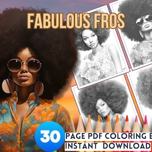 Fabulous Fros Black Women 30 Page Grayscale Adult Coloring Book, Digital Afro Coloring Book, Instant PDF Download