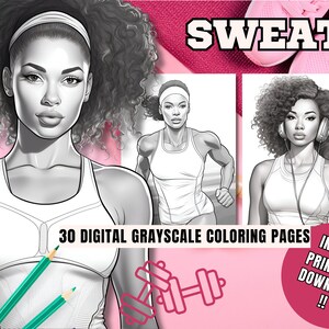 30 Printable Grayscale Adult Coloring Book Pages of Black Women in Fitness and Sportswear | Downloadable PNG Pages of Women in Sportsgear