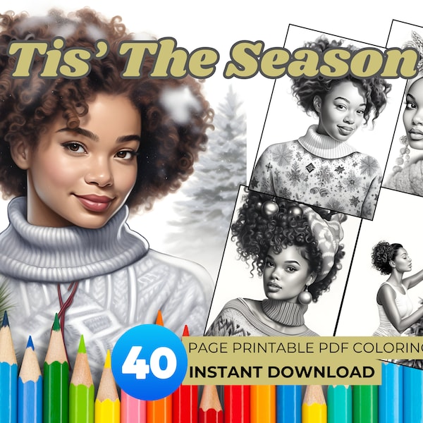 40 Page Black Women Christmas Grayscale Coloring Book Pages, Digital Christmas Coloring Book Adults PDF, Black Women Adult Coloring Pages