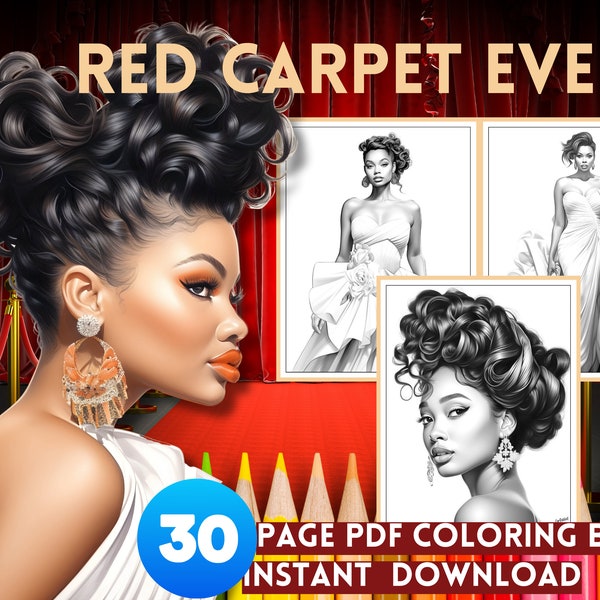 Black Women Coloring Book: Red Carpet Event Grayscale Fashion Adult Coloring Book, Digital PDF Download