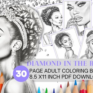 Black Women Jewelry Instant PDF Download Grayscale Adult Coloring Book Pages, Printable Coloring Portraits of Black Women in Diamond Jewelry