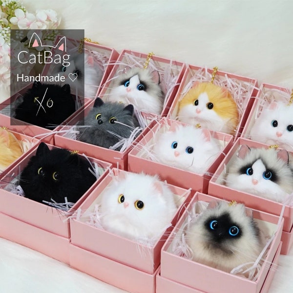 Realistic Cat Plush Key-Chain Handmade Accessory Purse Handbag Kitty Clutch Tote Cat Themed Gift