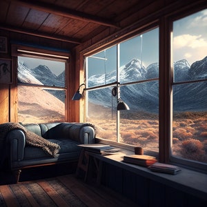 May include: A cozy cabin with a large window overlooking a mountain range. The window is framed by wooden beams and the room is furnished with a blue armchair and a wooden table.