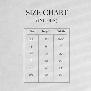 May include: Size chart for clothing in inches. The chart shows sizes XS through 2XL with corresponding length and width measurements.