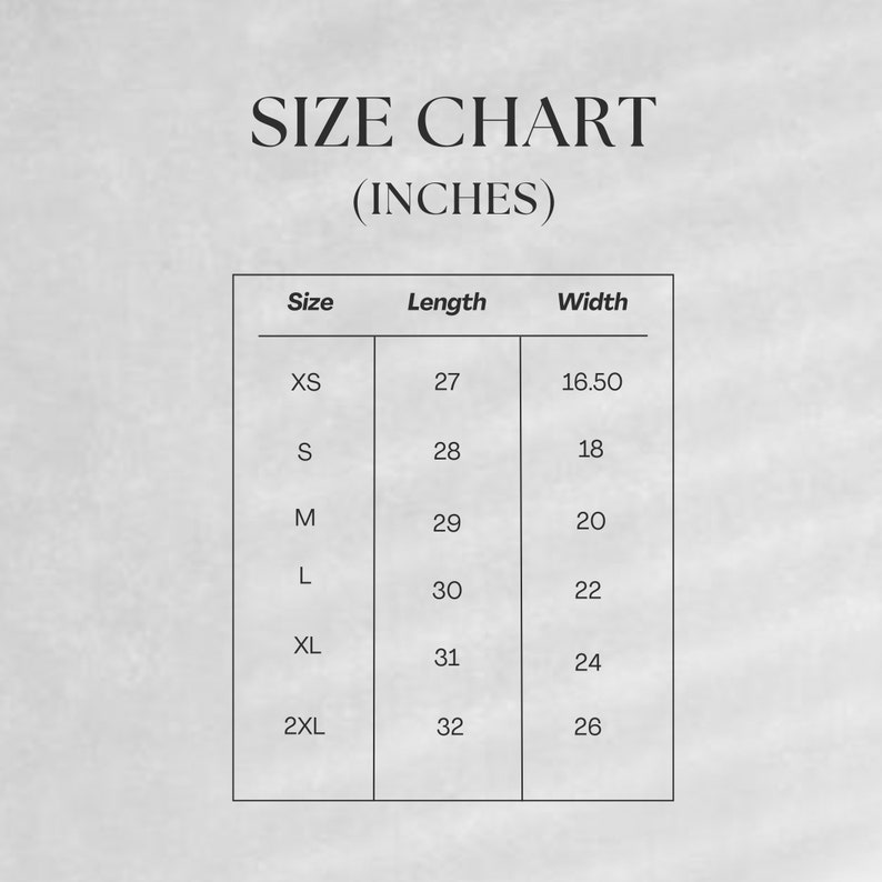 May include: Size chart for clothing in inches. The chart shows sizes XS through 2XL with corresponding length and width measurements.