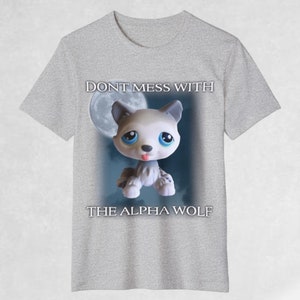 May include: Gray t-shirt with a cartoon wolf in front of a full moon. The text "Don't mess with the alpha wolf" is printed on the shirt.