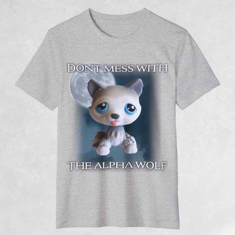 May include: Gray t-shirt with a cartoon wolf in front of a full moon. The text "Don't mess with the alpha wolf" is printed on the shirt.