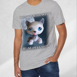 May include: A gray t-shirt with a cartoon wolf and the text "Don't mess with the alpha wolf".