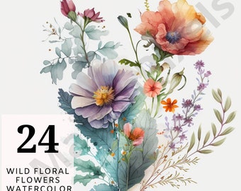 24 Wild Floral Clipart - Floral Watercolor - Premade Clipart - Wedding Clipart - Floral Borders - Watercolor Clipart