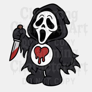 May include: A black cartoon bear-like figure wearing a Scream mask and a hooded cloak, holding a bloody knife. The bear has a red broken heart on its chest. The design is a playful, yet spooky, mashup of horror and cuteness.