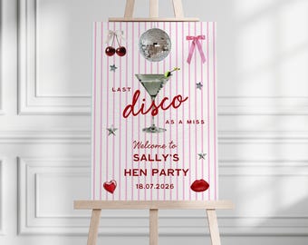 Cartel de bienvenida para despedida de soltera rosa y rojo personalizado "Última discoteca como señorita" Letrero para despedida de soltera Diseño moderno de álbum de recortes Decoración para despedida de soltera