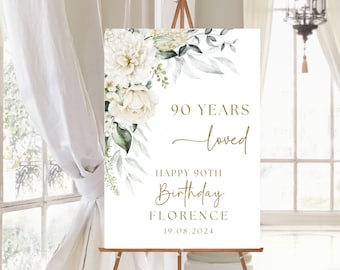 Personalised 90th Birthday Welcome Sign White Rose and Greenery Happy 90th Birthday Party Poster Custom Birthday Celebration Welcome Board