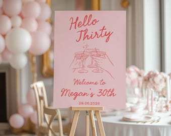 Custom Birthday Sign, Hello Thirty Welcome Poster, Printed Foam Board 30th Birthday Party Entrance Sign, Martini  Trendy Party Decor for Her