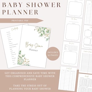 May include: Printable baby shower planner with a green and gold floral design. The planner includes 35 pages and has sections for the guest list, budget, and more.