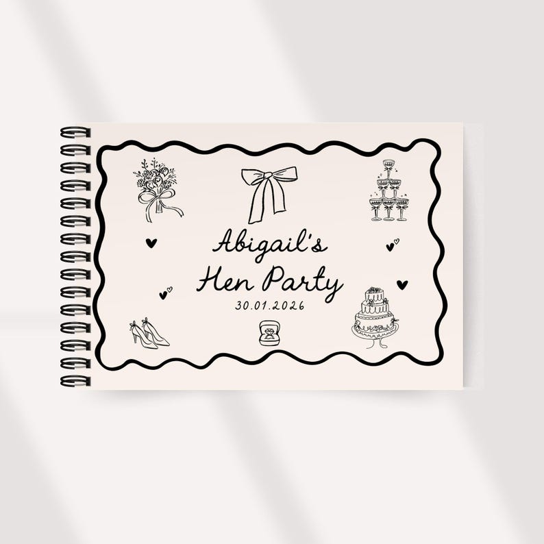 Personalised Hen Party Guest Book Whimsical Beige and Black Custom Bridal Shower Guestbook Letters to the Bride Scrapbook image 3