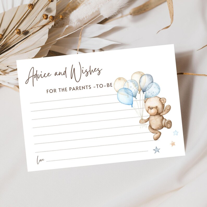 Baby Shower Advice and Wishes Cards, Blue Teddy Bear We Can Bearly Wait Theme, Baby Boy Shower Activity, Leave your Wishes for Parents-to-Be image 2