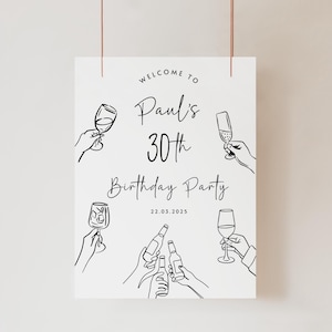 Puede incluir: Un letrero rectangular blanco con ilustraciones de l&iacute;neas negras de manos sosteniendo varios vasos y botellas. El texto dice: Welcome to Paul's 30th Birthday Party 22.03.2025. El dise&ntilde;o est&aacute; impreso en una superficie plana con hilos de cobre delgados.