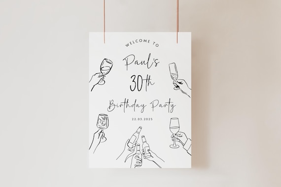 Personalised 30th Birthday Welcome Sign Minimal Trendy 30th Birthday Party Entrance Poster Son's 30th Party Decor Black and White Masculine