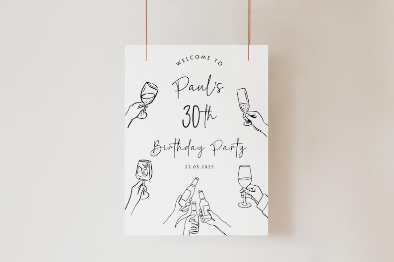 Puede incluir: Un letrero rectangular blanco con ilustraciones de l&iacute;neas negras de manos sosteniendo varios vasos y botellas. El texto dice: Welcome to Paul's 30th Birthday Party 22.03.2025. El dise&ntilde;o est&aacute; impreso en una superficie plana con hilos de cobre delgados.