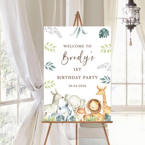 Personalised Safari First Birthday Party Sign Jungle Safari Wild One 1st Birthday Welcome Sign Baby Boy Age One Custom name Welcome Board image 4