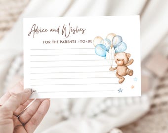 May include: Advice and Wishes for the parents-to-be card with a brown teddy bear holding blue and white balloons. The card has lined space for writing.