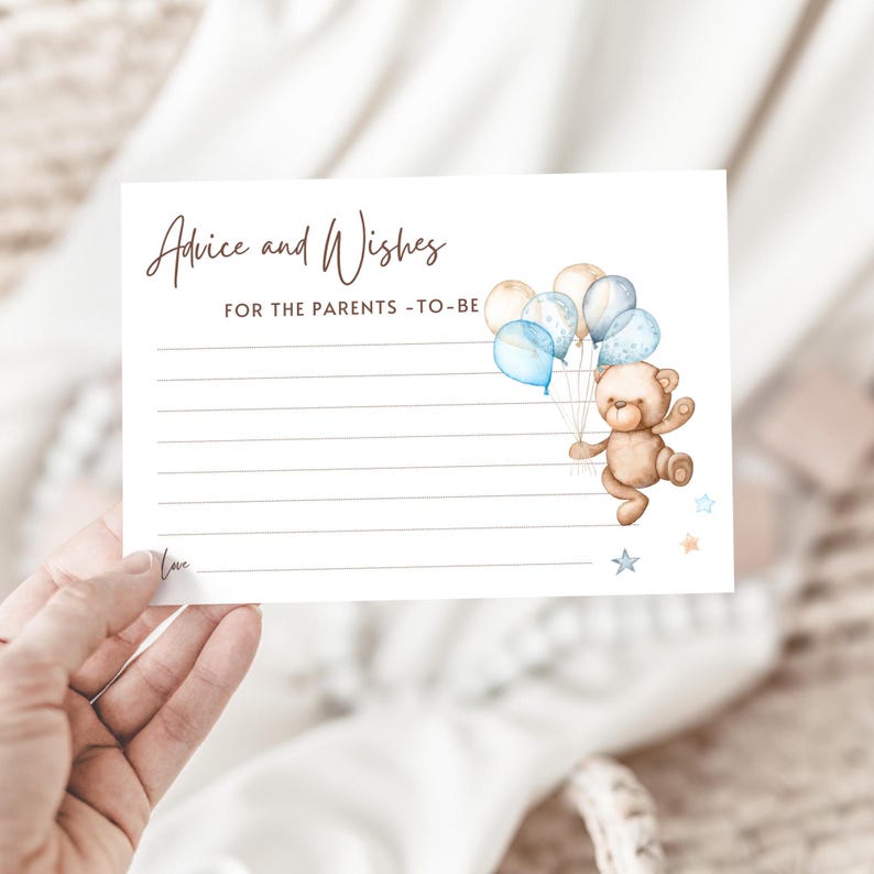 May include: Advice and Wishes for the parents-to-be card with a brown teddy bear holding blue and white balloons. The card has lined space for writing.
