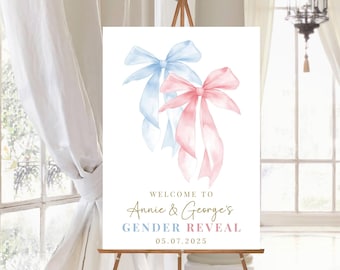 Custom Gender Reveal Welcome Sign, Blue and Pink Bow Poster, Coquette Boy & Girl Gender Reveal, What Will Baby Be Gender Reveal Party Board