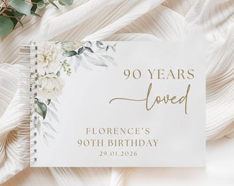 Personalised Birthday Guest Book Any Age White Rose & Greenery Floral Guestbook Custom Birthday Party Keepsake for Her