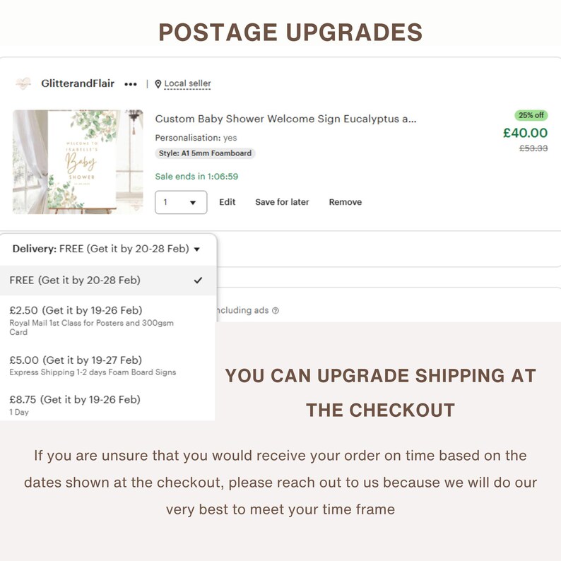 May include: Screenshot of an Etsy listing for a custom baby shower welcome sign. The sign features eucalyptus and a floral design. The listing includes options for upgrading shipping at checkout.