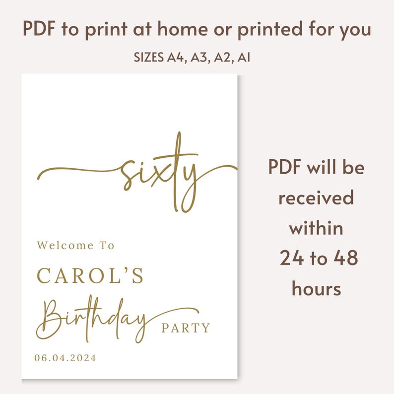 Personalised 60th Birthday Party Welcome Sign Minimal PRINTED Custom ...