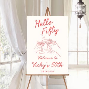 Custom Birthday Sign, Hello Thirty Welcome Poster, Printed Foam Board 30th Birthday Party Entrance Sign, Martini Trendy Party Decor for Her Cream and Red
