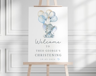 Custom Christening Welcome Sign Baby Boy Baptism Welcome Poster Blue Elephant Theme Personalised  Baby Boy Name Day Blue Decorations