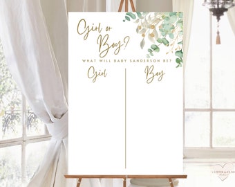 Baby Shower Girl or Boy Guess the Gender Game Gender Reveal Sign He or She Game Gender Neutral  greenery  Gold Font Baby Shower Poster GGE